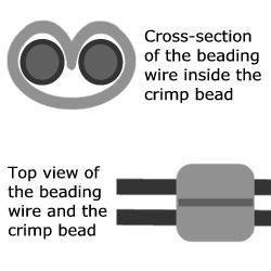 cross-section of two strands of beading wire passing through a crimp bead.